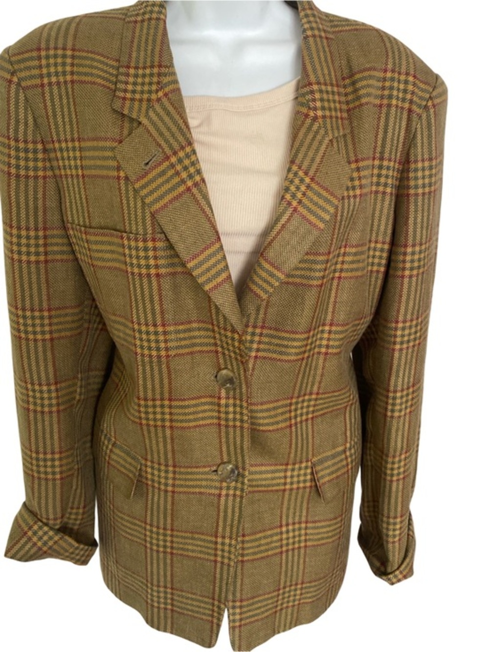 MaxMara Tan Plaid Tailored Blazer with Red & Yellow Windowpane-10 linen viscose